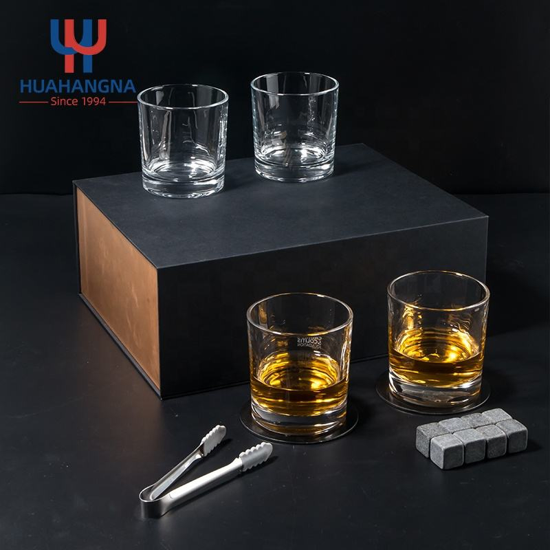 Premium 310ml 4 Pack Old Fashioned Round Cocktail Whiskey Glass Set with 8 Whisky Chilling Stones and Tong in Gift Box