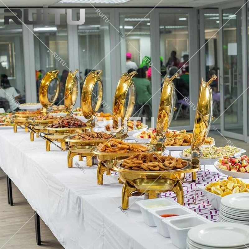 Restaurant Equipment in Guangzhou 6L Chefing Dish Buffet Stove Catering Stainless Steel Round Hydraulic Chafing Dish with Glass Lid Luxury Gold Chaffing Dishes