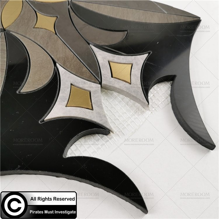 Waterjet Black Marble Mosaic Brass Inlay