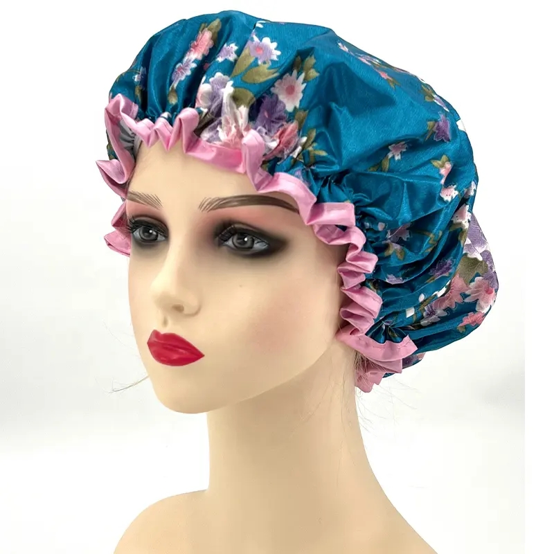 High Quality Satin Fabric Double Layer Water-Proof Reusable Shower Caps for Bathing