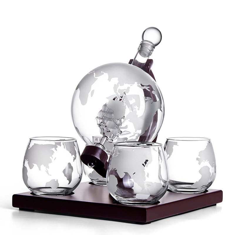 Etched World Globe Design Unique Whiskey Decanter Sets for Men