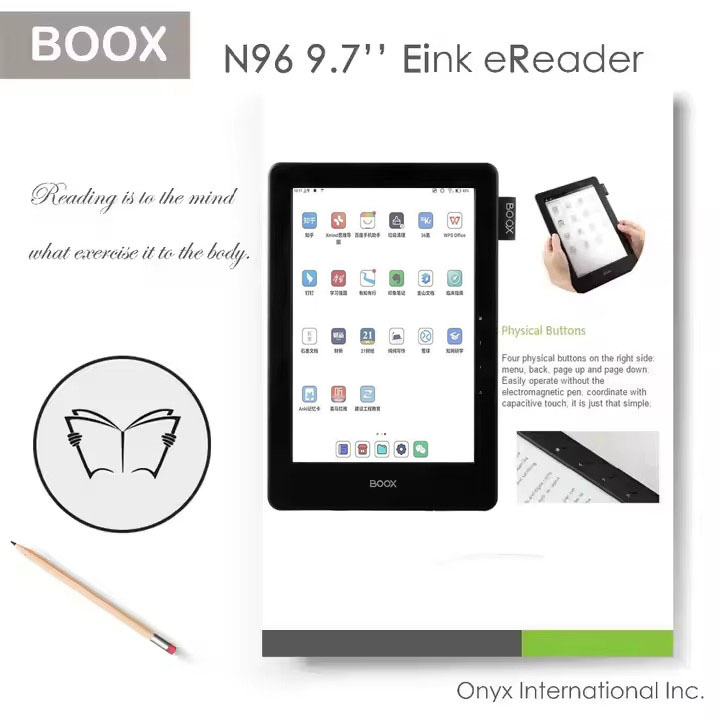 9.7 Inch Ebook and Eink Reader 16GB Flash Memory and SD Card Supporting WiFi and Bluetooth Mode with Working Temperature 0-50 º C