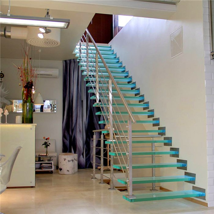 House Residential Steel Stringer Floating Straight Staircase with Glass Railing