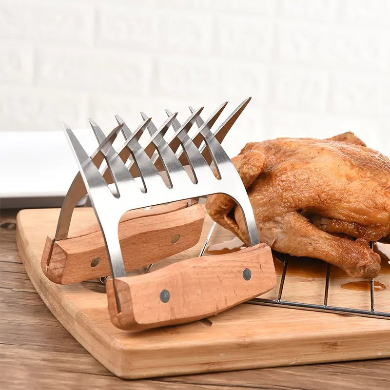 Baking Tool Forks with Wooden Handle Chicken Shredder Tool Bear Claw Meat Shredder