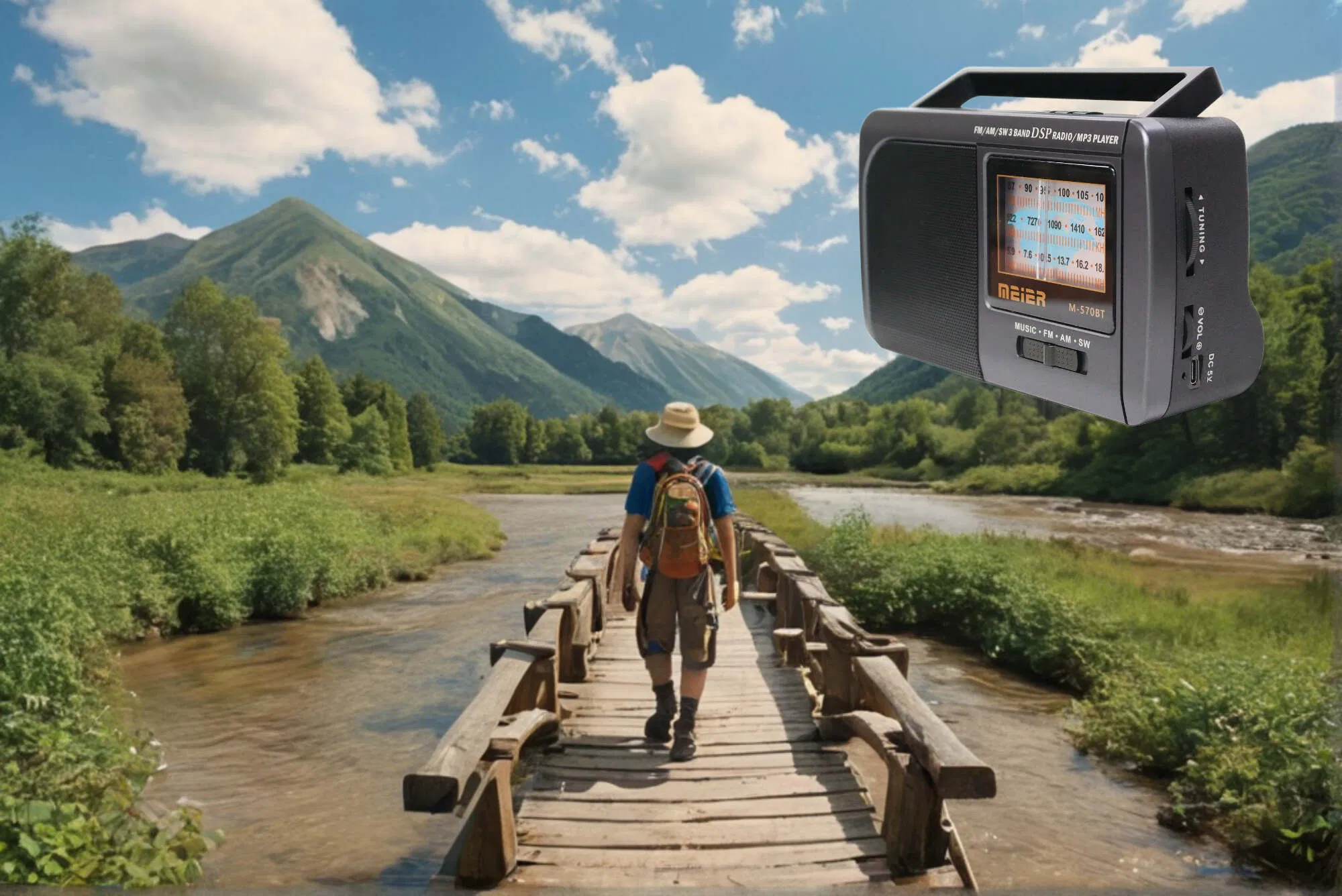 Meier M570bt Portable 3-Band Am FM Sw Radio, TF Card and MP3 Player, Rechargeable Speaker, Bluetooth Retro Design