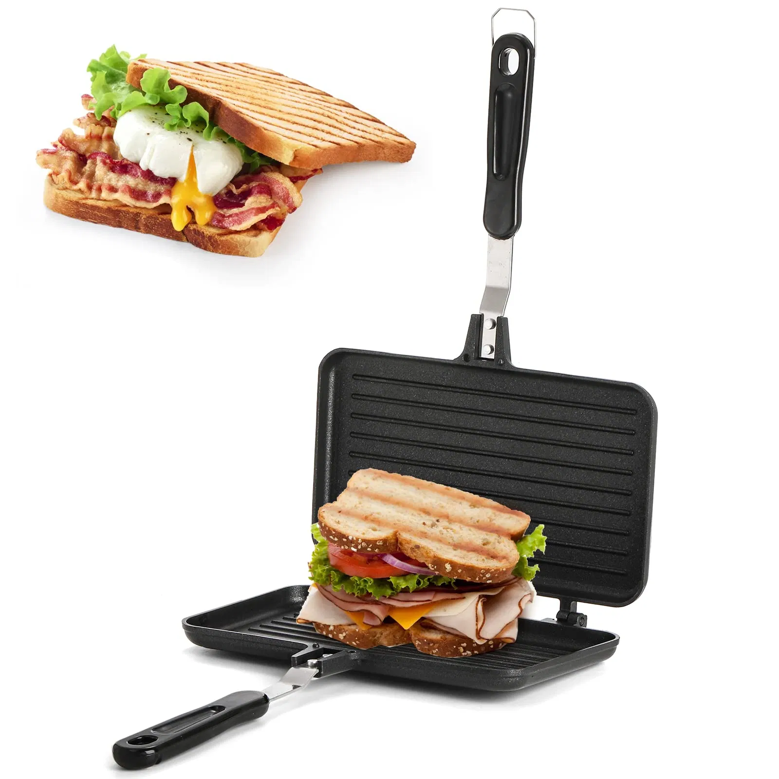 Home Stovetop Toasted Aluminum Flip Handle Pan Non-Stick Gril Panini Sandwich Maker