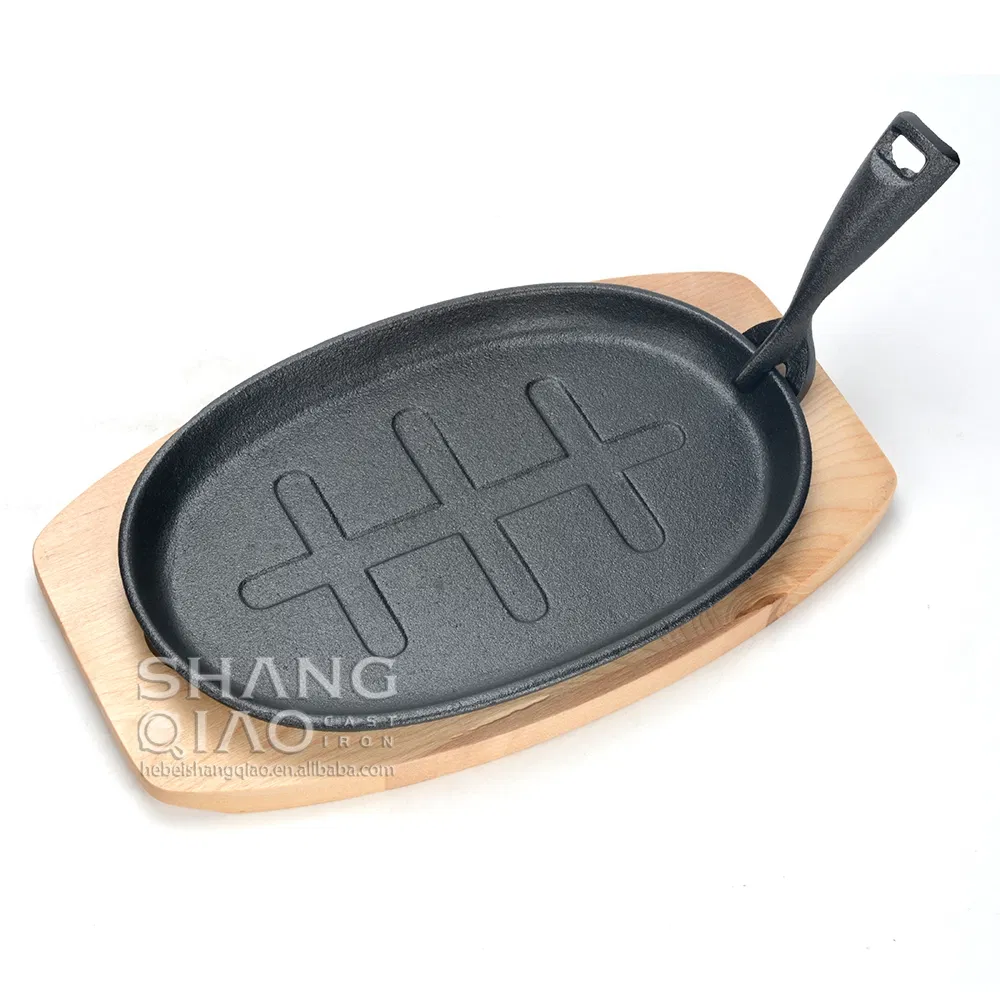 Cast Iron Oval Sizzler Sizzling Plate with Wooden Stand