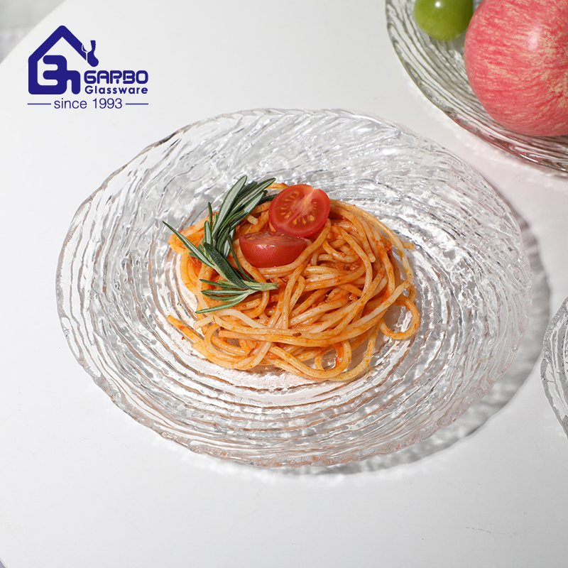 Glass Fruit Plate in Transparent 8 Inch Color Salad Fruit Candy Serving Plate with Water Wave Pattern