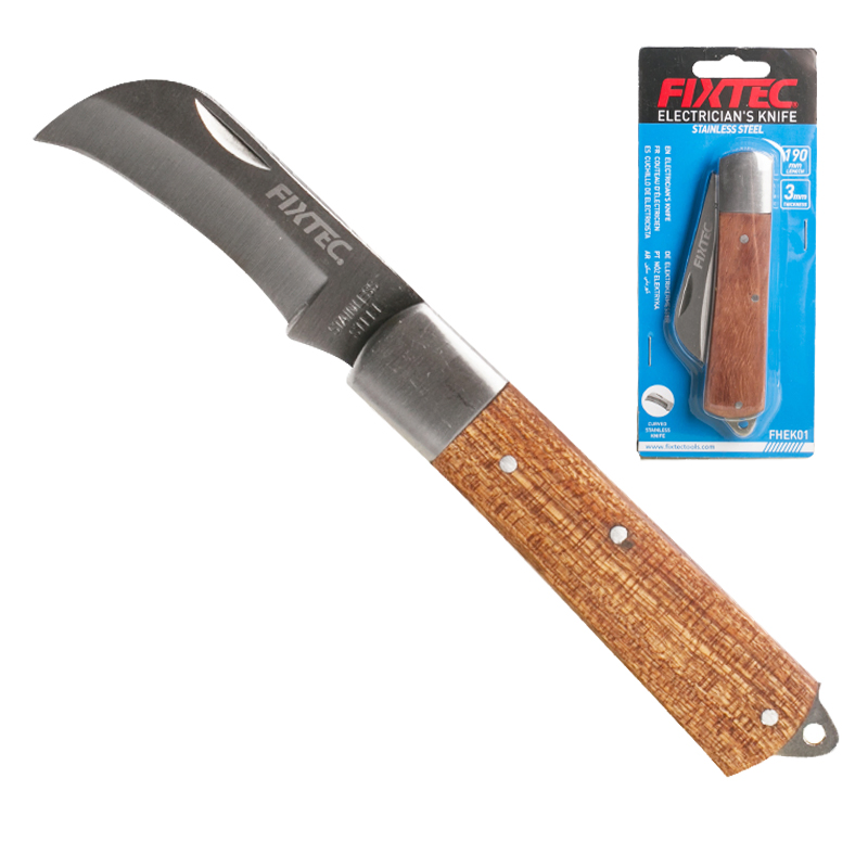 Fixtec Mini Wooden Handle Stainless Steel Pocket Tools 190/200 mm Electrician Folding Knife