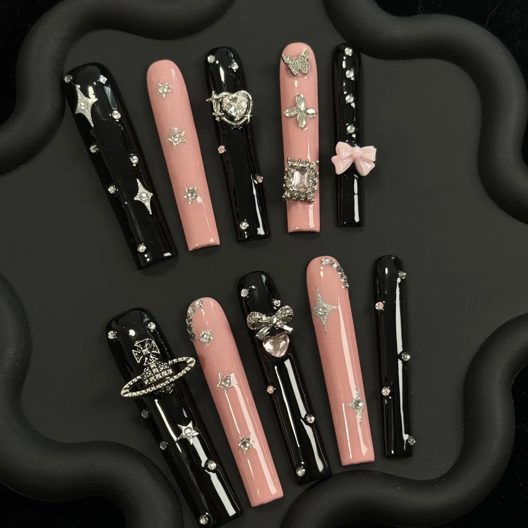 Rhinestone Black Pink Long Design Press on False Nails Beauty Glitter Jewelry Accessories Polish Fake Artificial Nails