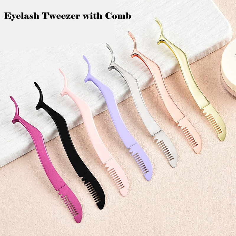 Pterosaur Durable Stainless Steel Curved Lash Eyelash Extension Application Tweezer with Comb