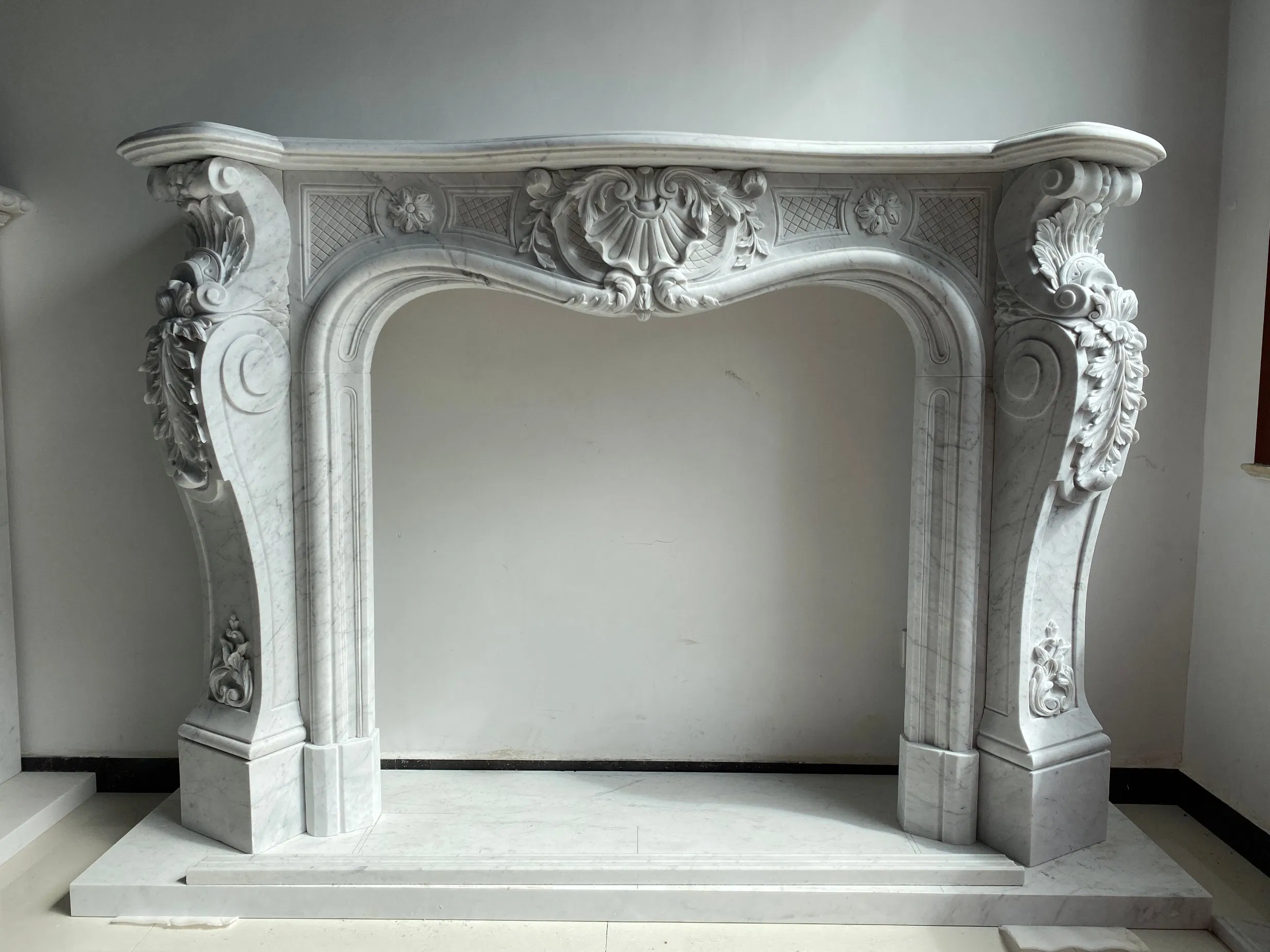 European Design Modern Indoor Hand Carved Cultured Marble Fireplace Mantel