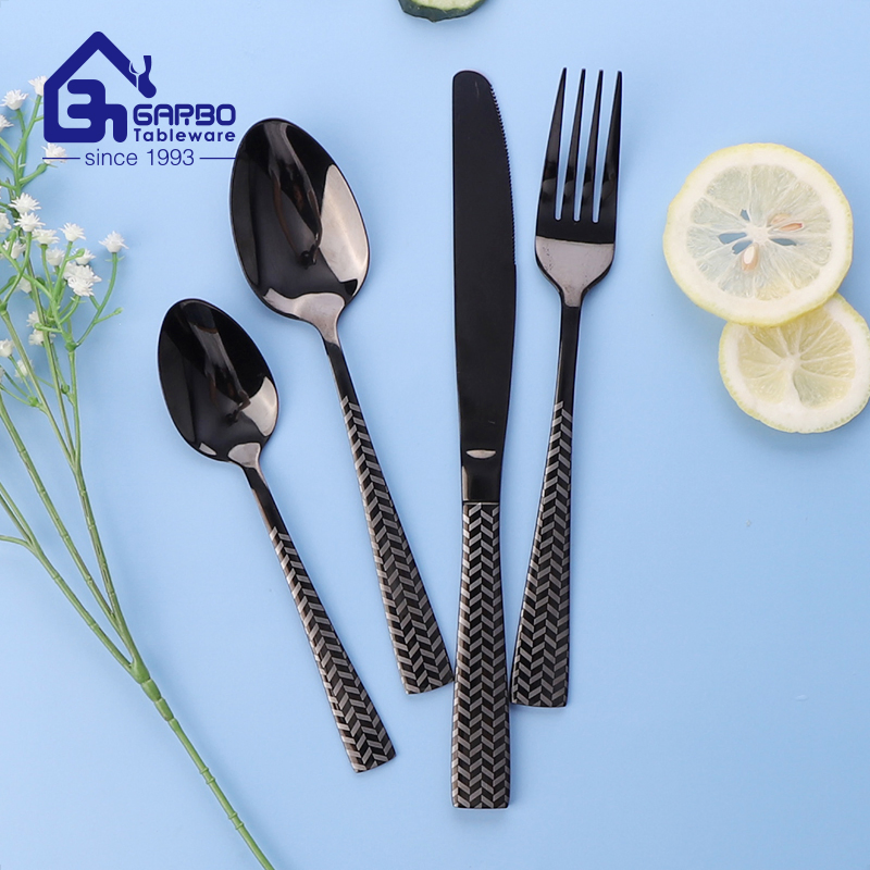 Handmade Electronic-Plating Matt Black Stainless Steel Cutlery Set Metal Flatware Set with Decorative Laser Handle Silverware Set Dessert Spoon Knife Fork