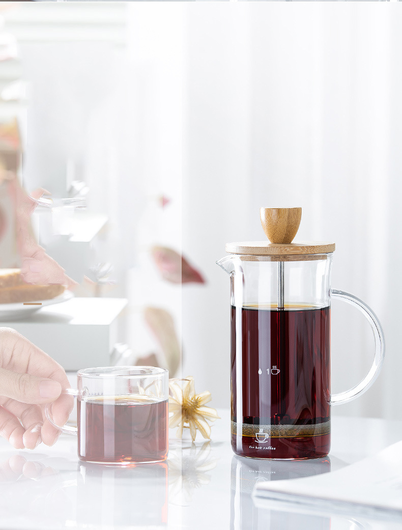 Handmade Hot Sale Glass Coffee French Press Maker Pot with Stainless Steel Filter and Olive Wood Lid for Milk Froth and Coffee Make