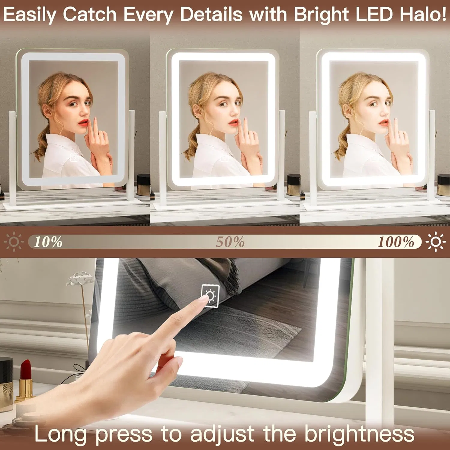 Vanity Bathroom Mirror Wholesale LED Lighted Makeup Mirror Large Touch Screen with 3-Color Lighting Dimmable for Tabletop Bedroom