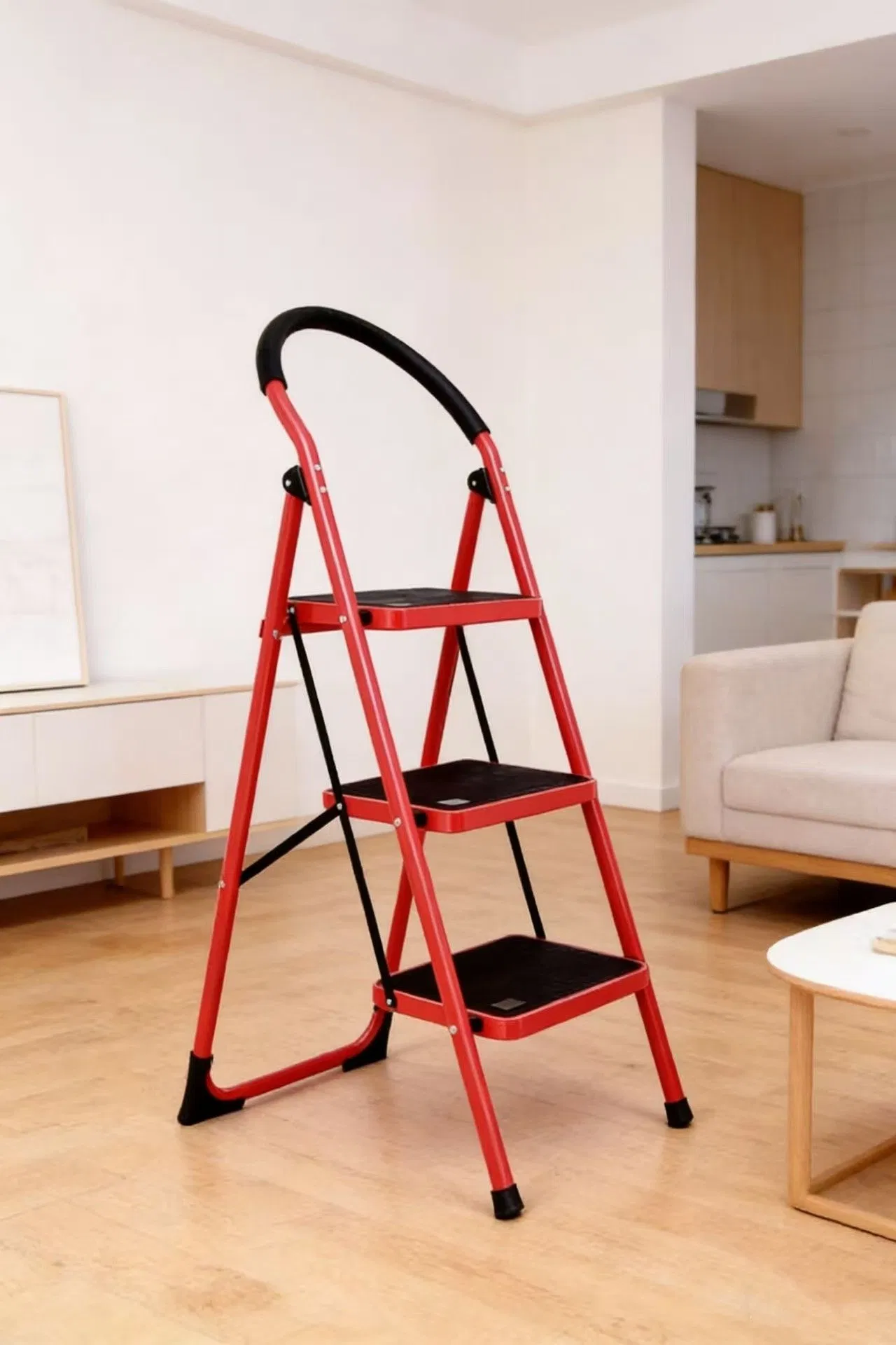 Right-Angle Non-Slip Armrest Ladder Household Iron Folding Ladder (with anti-slip foot pads, pedals and handrails)