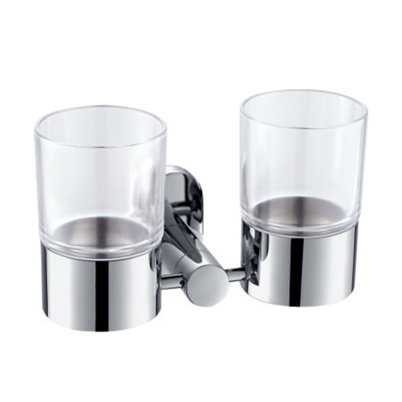 SUS 304 Stainless Steel Glass Double Cup Holder Round Wall Mounted Toothbrush Tumbler Holder