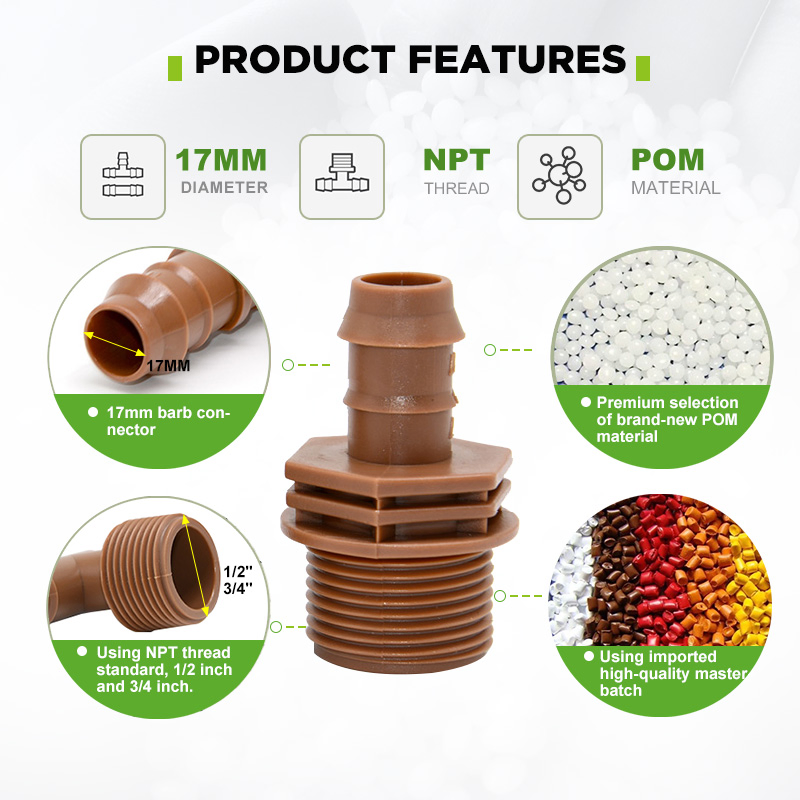 Brown Drip Irrigation Hose Connector Adapter for Garden Irrigation, 1/2 Inch External Thread X 17 mm, Suitable for Garden and Farm Irrigation System Accessories