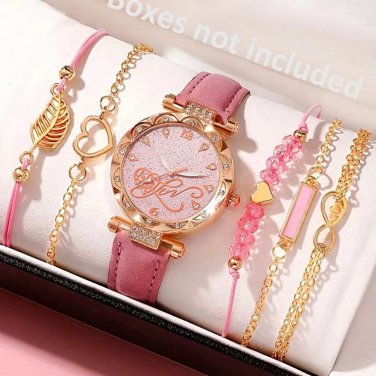 Elegant Heart-Shaped Leaf Bracelet and Rhinestone Pink Women's Watch