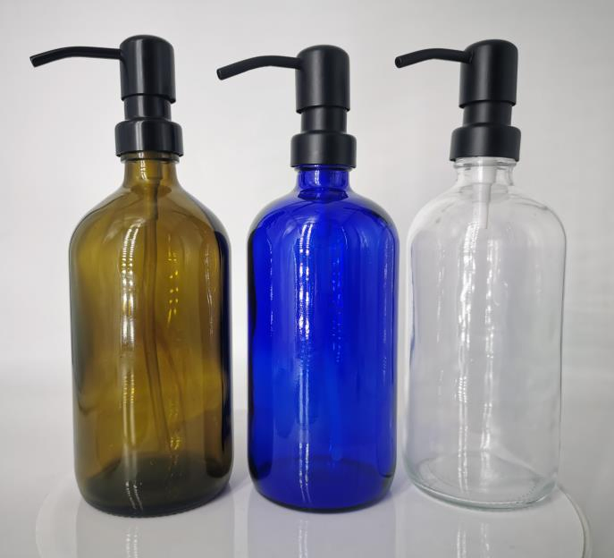 500ml Boston Round Cobalt Blue Amber Glass Bottle Soap Dispenser with Stainless Steel Pump