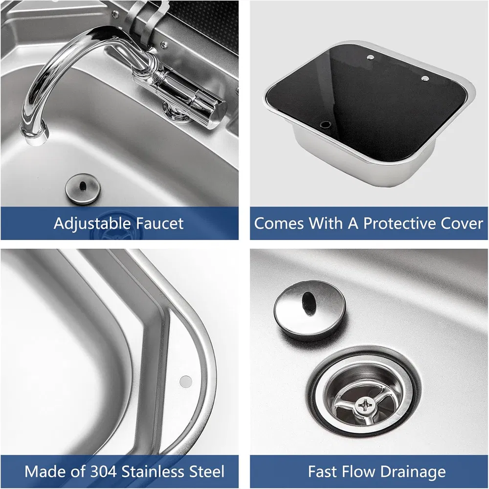 RV 420mm Stainless Steel Sink with Faucet and Tempered Glass Cover for RV Caravan Camper Wash Basin