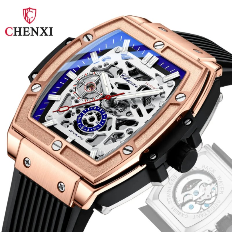 Chenxi Men's Barrel Shape Automatic Mechanical Watch Richard Style Skeleton Waterproof Luminous