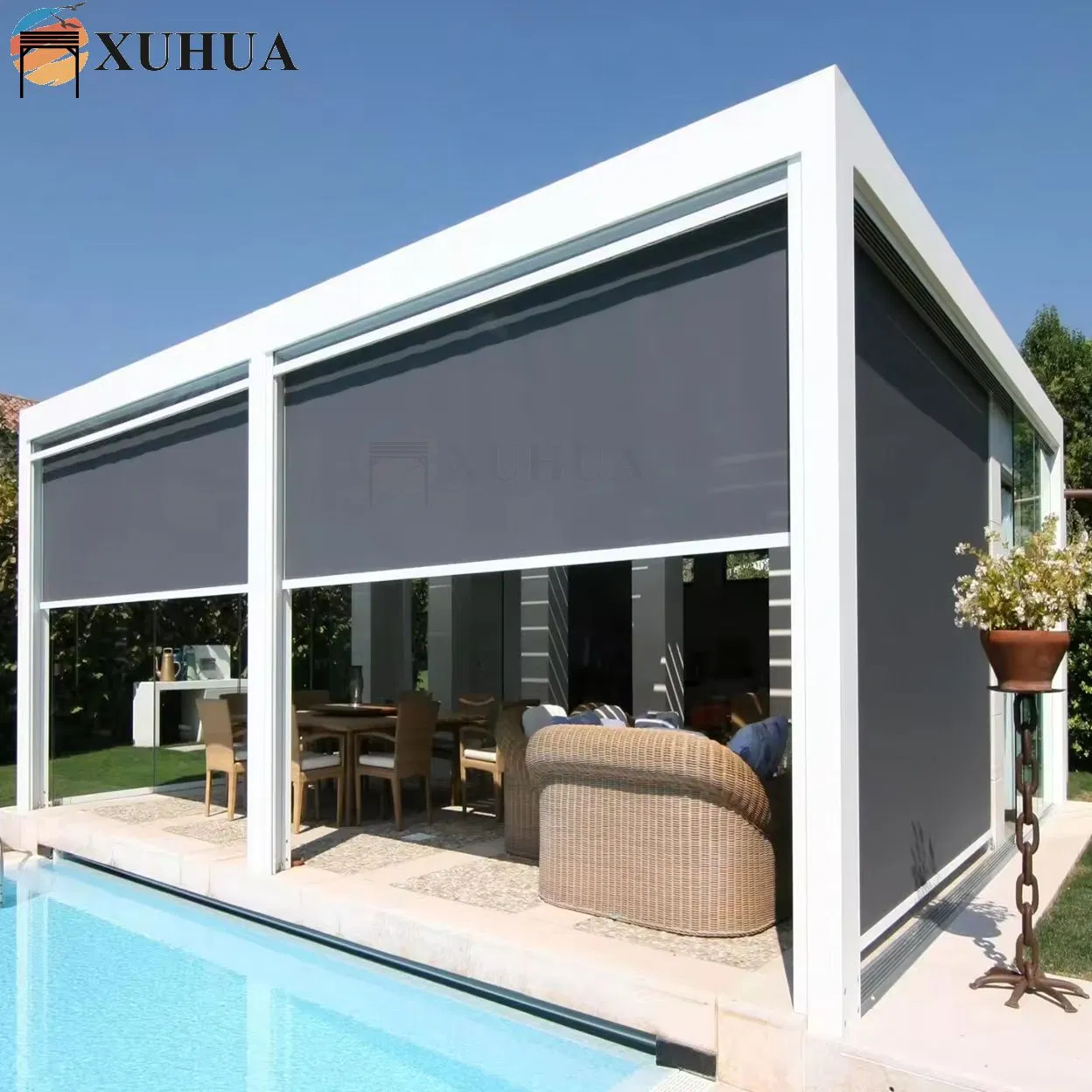 Xuhua Windproof Waterproof Patio Pergola Sunroom Motorised Zip Track Screens Curtain Blinds