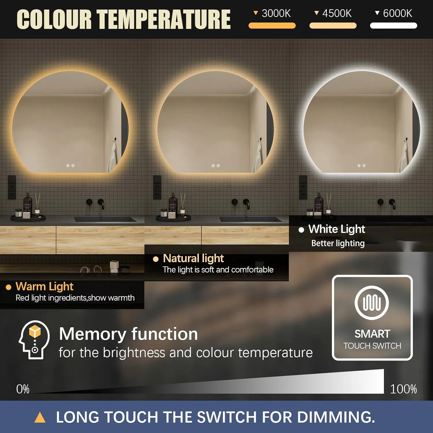 Modern LED Bathroom Wall Mirror, 24" Anti-Fog, Dimmable