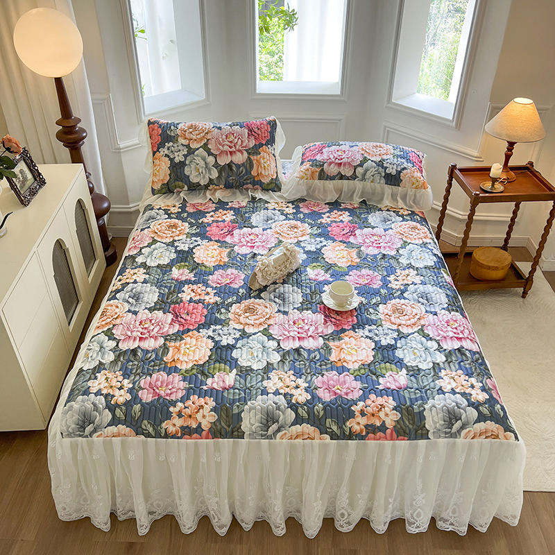 3-Piece Princess Wind Bed Skirt Bed Hats Do Not Pilling Not Shrinkage Floral Pattern Plant Style Bedding Set