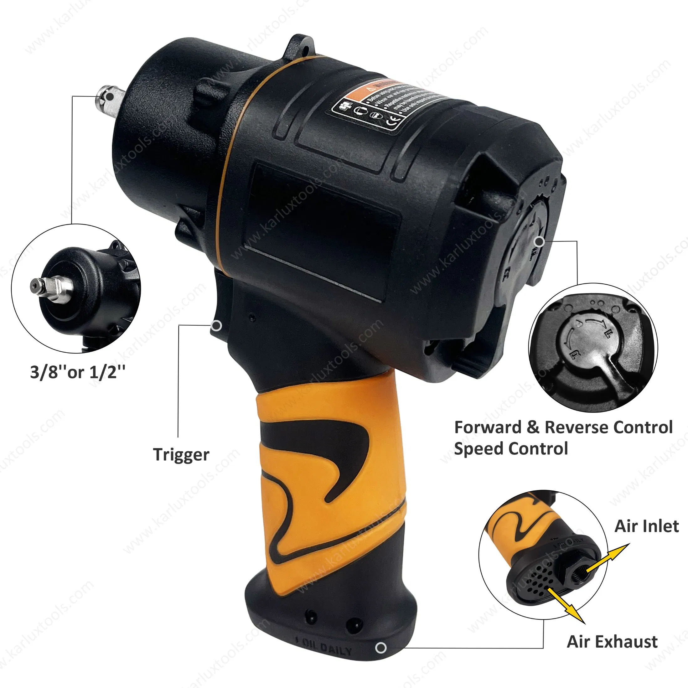 10, 000rpm Max Torque 745n. M Light Wrench Plastic Body 3/8" or 1/2" Air Impact Wrench for Maintenance Duty Pistol Grip Standard Anvil