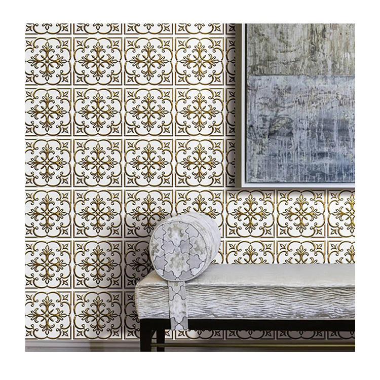 3D Flower Porcelain Drawing Room Wall Border White and Gold Tiles