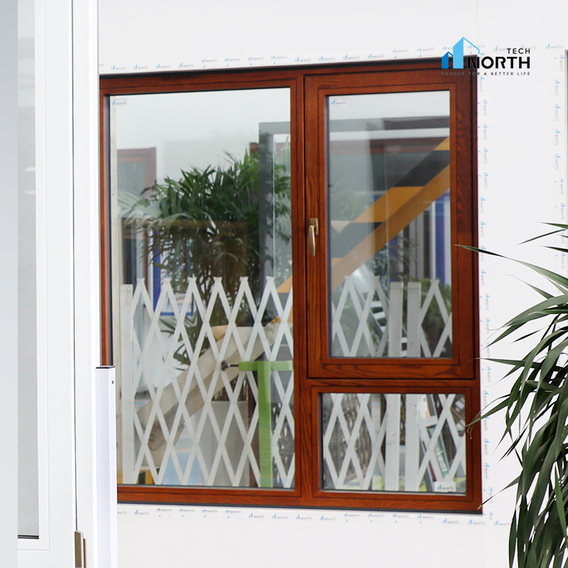 Aluminium Wood Wooden Casement Glass Window with Folding Mosquito Screen Bedroom Livingroom