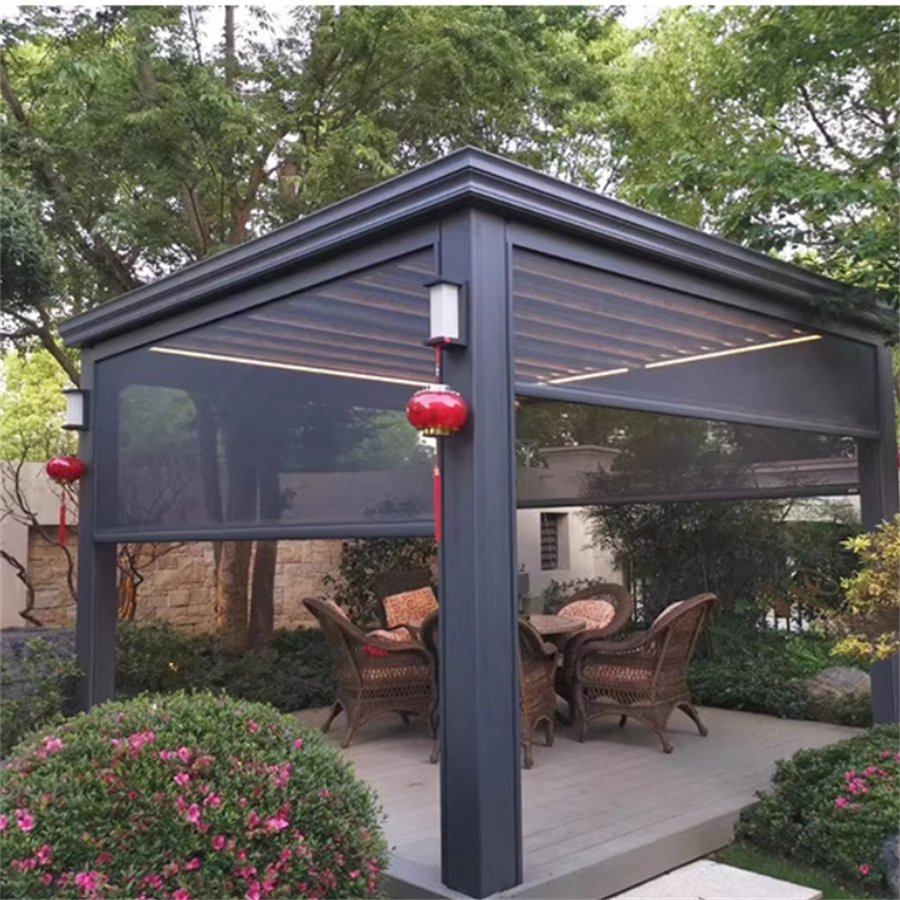 Custom Motorized Exterior Roller Curtain Waterproof Sun Shade Zip Screen for Pergola