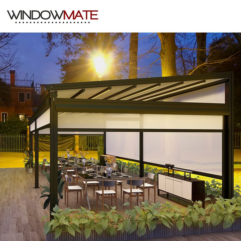 Retractable Awning Canopy Customized PVC Pergola Metal Frame Roof Withside Screen or LED Light