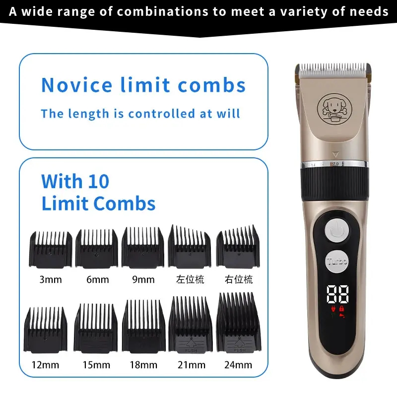 Pet Hair Clippers Professional Pet Grooming Tool Dog Cordless Pet Clipper with 6 Limit Combs