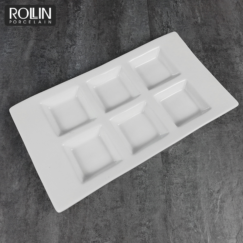 White Porcelain Divided Plates Porcelain Rectangular Snack Plate