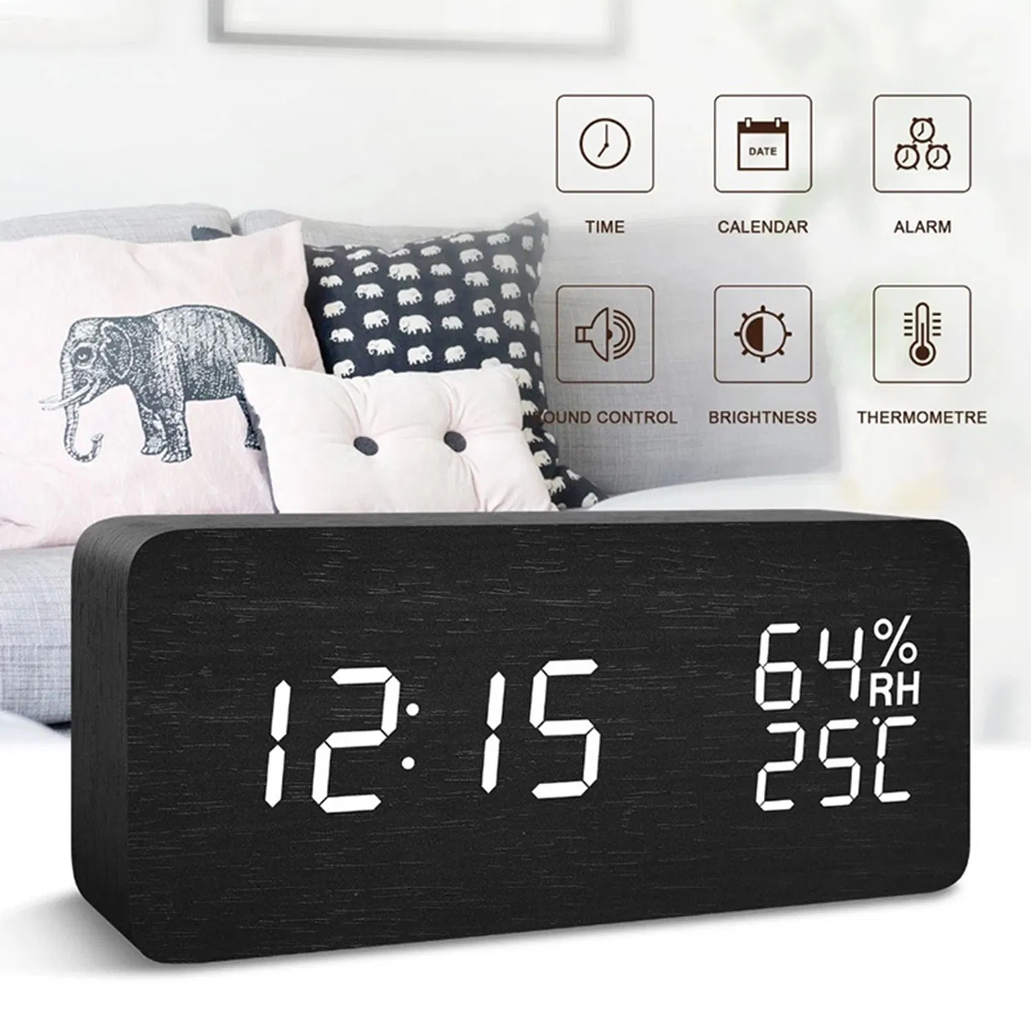 Home Indoor Humidity and Temperature Display Wood LED Calendar Clock Table