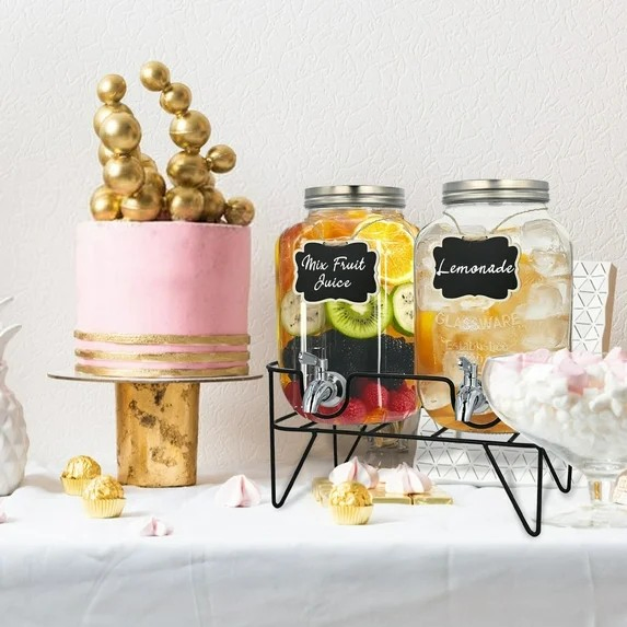 2 Gallon Glass Drink Dispenser Set, Drink Dispensers for Parties Beverage Dispenser with Stand and Stainless Steel Spigot for Juice, Fruit Tea and Lem