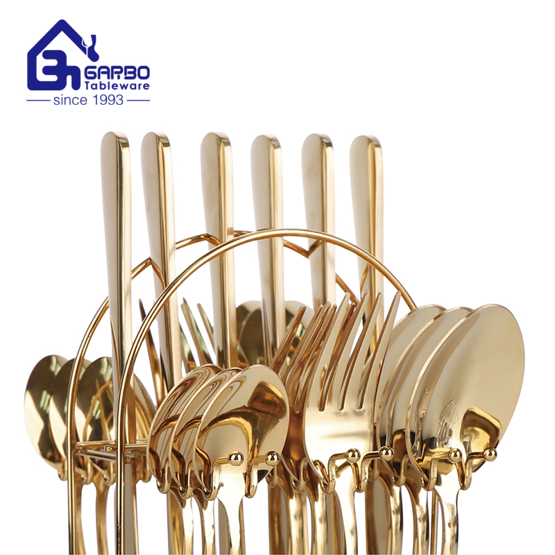 Wholesale Medium Budget Mirror Polish Stainless Steel 18-0 Gold Cutlery Set 24 PCS for Wedding with Frame