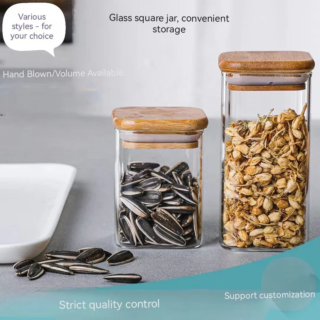 Квадратная стеклянная банка для хранения с бамбуковой крышкой