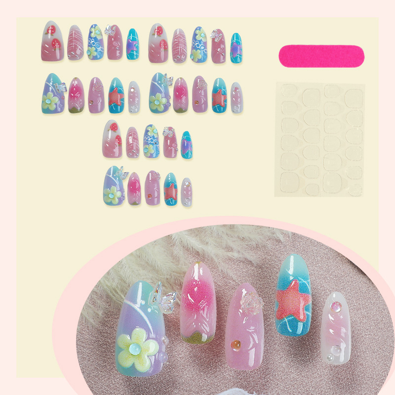 30 Pieces of European and American Fashion Color 3D Flower Manicure French Fresh Almond Nail Press on Nai Wearable Nail