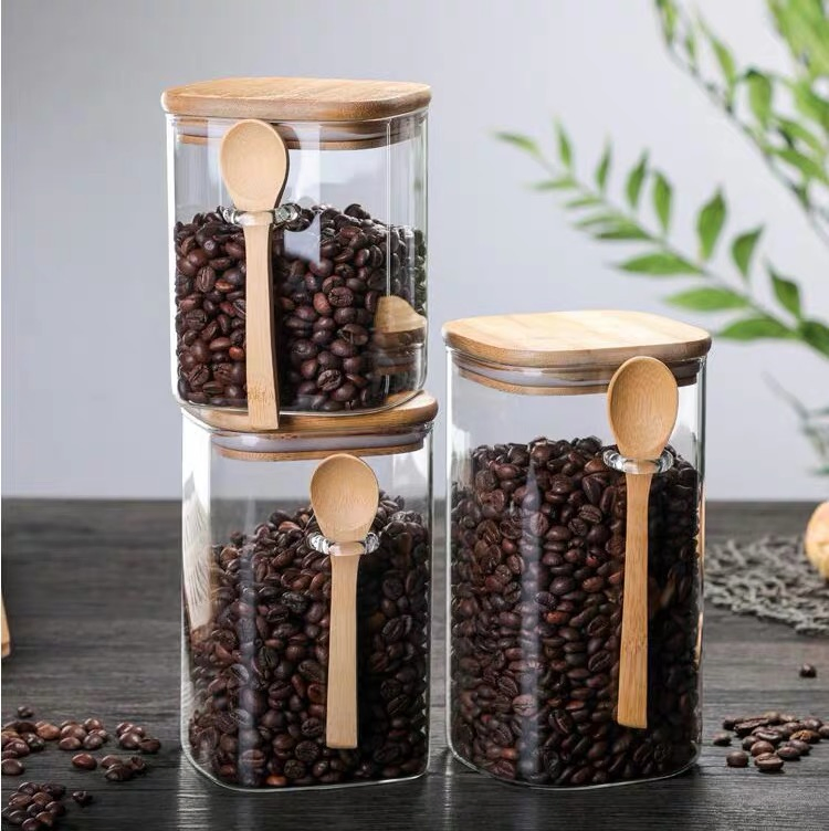 Wholesale Transparent Glass Sealed High Borosilicate Food Grade Square Glass Bamboo Lid Storage Jar with Spoon