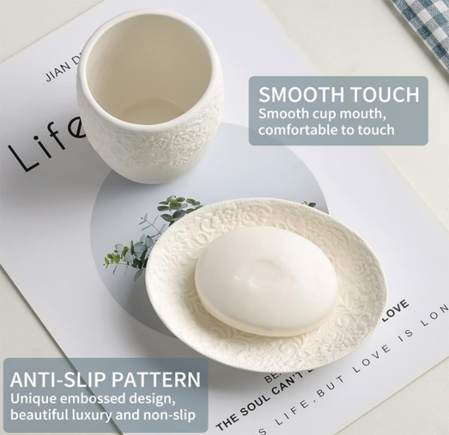 Ceramic Dispenser Soap Dish Cup Bathroom Accessories Set with Embossed Design
