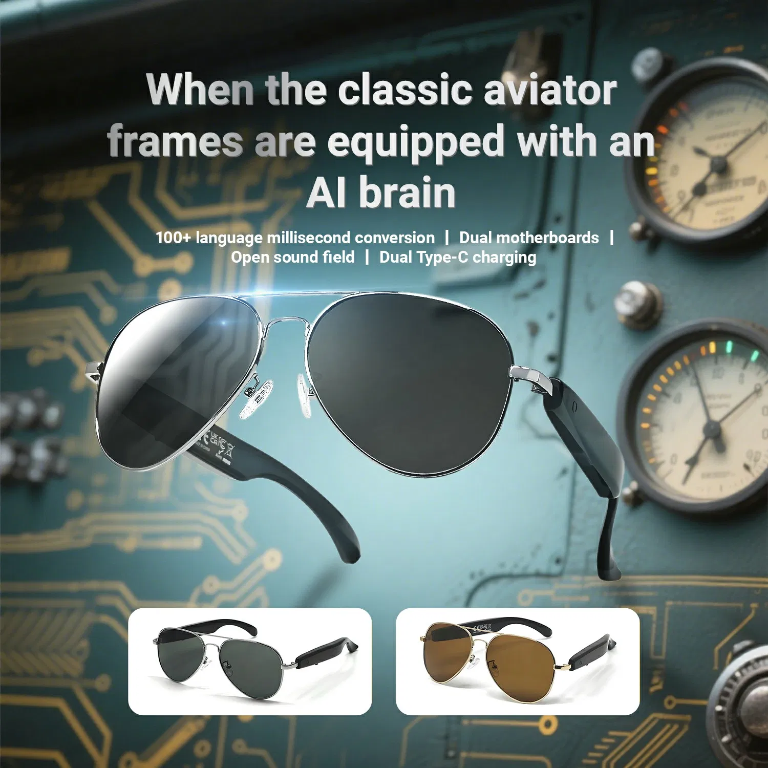 F18 Smart Bluetooth Audio Glasses Ai Translation Wireless Headset Sunglasses with UV Protection -Gold Frame / Tan Lens