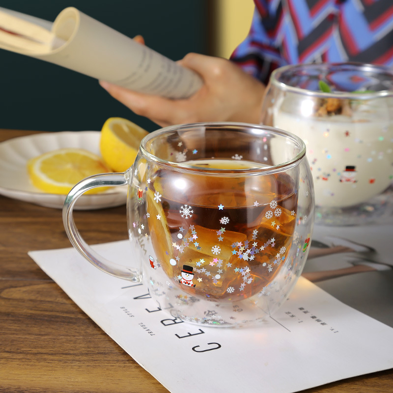 Novel Double Wall Glass Mug Cup with Sequins Fancy Star Insulated for Women Kid