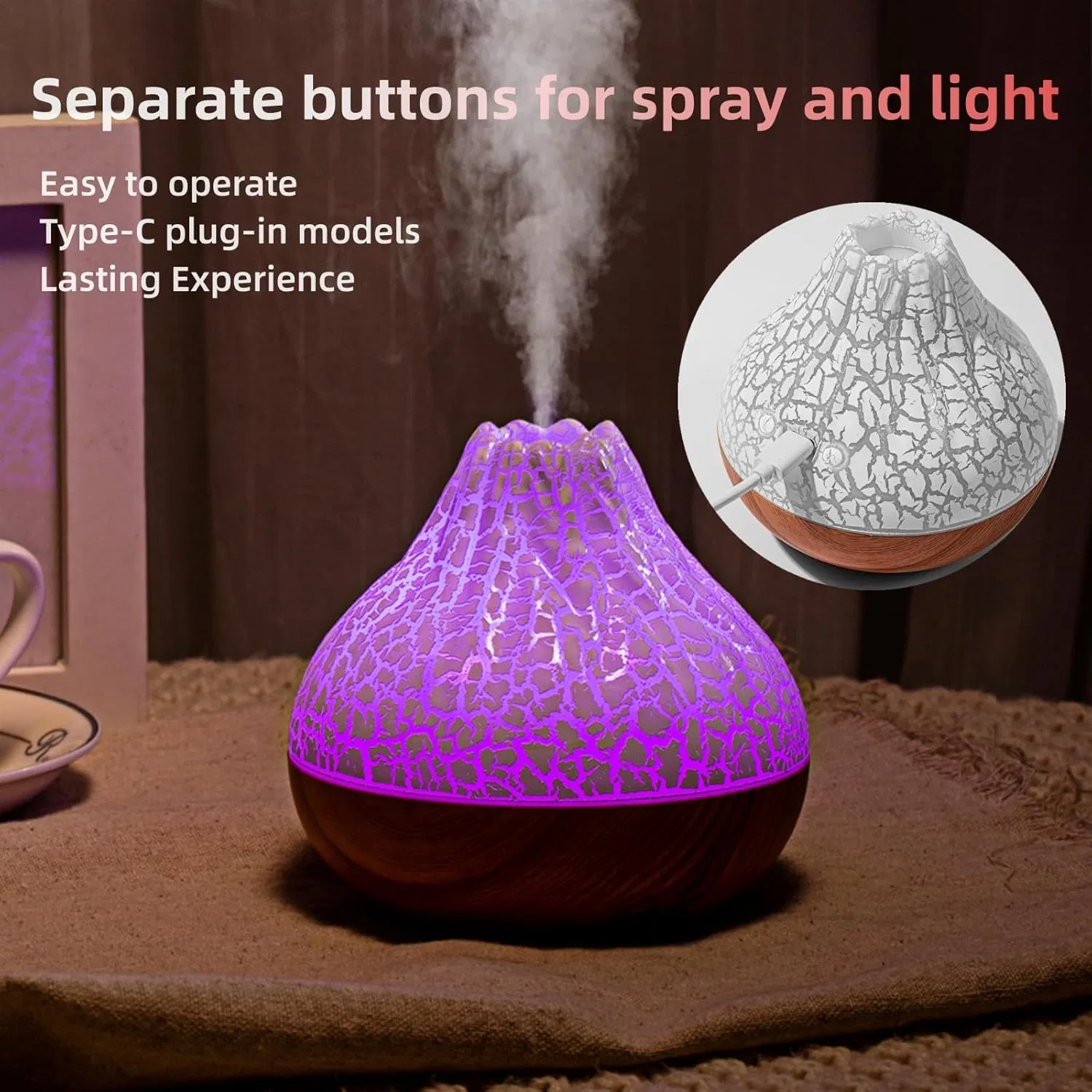 New Air Humidifier Diffuser Cool USB Aroma Diffuser 300ml Wood Grain Essential Oil Atomizer Volcano Aroma Diffuser for Home