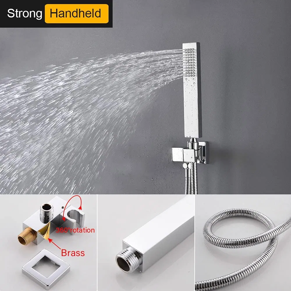 Luxury Shower Set with Waterfall Tub Spout - 12 Inch Ceiling Rain Shower Head and Handhled Spray, Bathtub Combo, Thermostatic Valve Can Use All Faucet Set