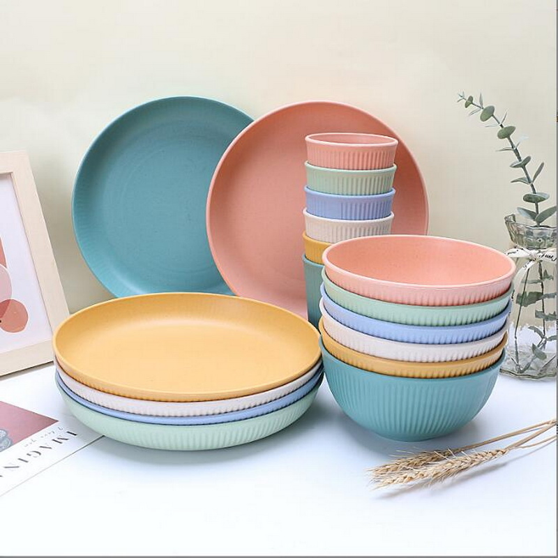 Wheat Straw Bowl Cup Plate Household Meal Vertical Grain Dinner Plate