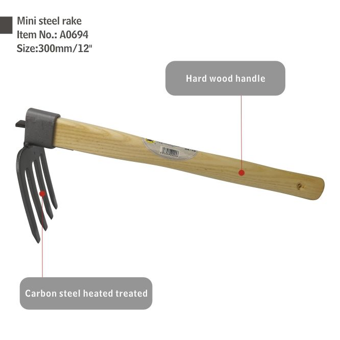 Simple Convenient Operation Garden Lawn Wood Handle Garden Rake Mini Steel Rake