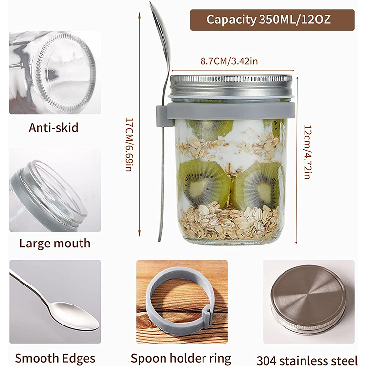 New Designed Overnight Oats Glass Cup with Stainless Steel Spoon Lid